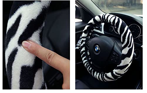 Fluffy Zebra Plush Steering Wheel Cover for Women/Girls/Ladies, Soft Fur Steering Cover for Winter Warm, Universal 15 inch, Black White