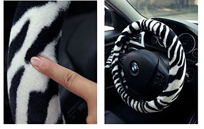 Fluffy Zebra Plush Steering Wheel Cover for Women/Girls/Ladies, Soft Fur Steering Cover for Winter Warm, Universal 15 inch, Black White