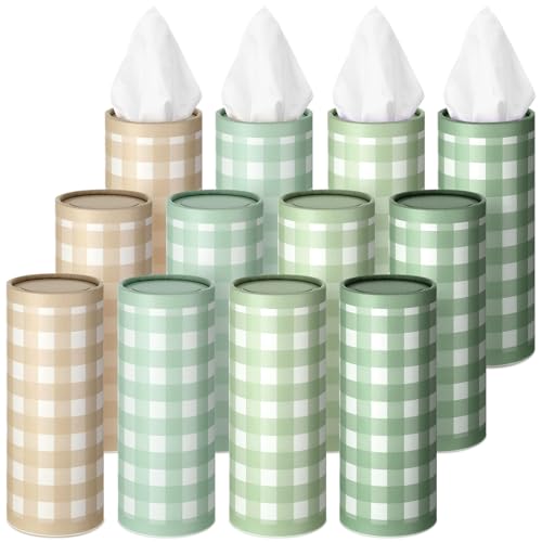 12 Set Green Plaid Tissue Boxes for Car Cylinder Bulk Fresh Plaid Round Cylinder Holder with 3 Ply Facial Tissues for Spring Summer Travel Bathroom Office Decoration - style: Green Plaid