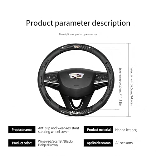fir for Cadillac Steering Wheel Cover, Carbon Fiber Texture Nappa Leather,Custom Embossed Logo, Round Shape,Car Steering Wheel Protector Compatible with Cadillac Escalade XT4 XT5 XT6 Accessories