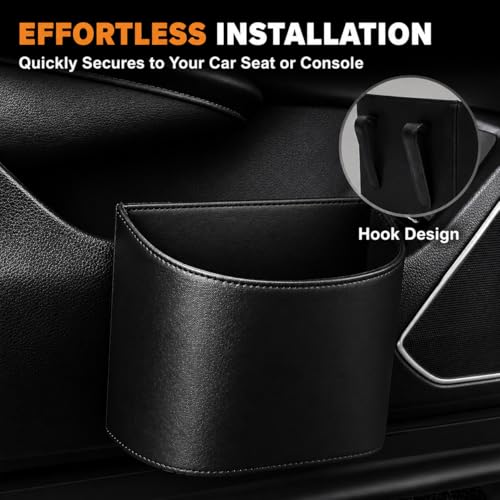 COZILO Leather Car Trash Can – Leakproof & Easy-to-Clean Car Garbage Can for Luxury Cars, SUVs & Trucks | Includes 60 Custom Liners, Secure Hook, Easy Install, Black - color: Black (small)