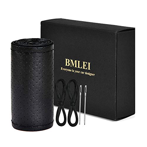 Top Genuine Leather Steering Wheel Cover with Anti-Slip Design, Soft Padding, Universal 15 Inch Auto Car Steering Wheel Stitch on Wrap - color: black thread