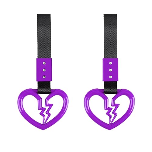 2 PCS Broken Heart Shaped Car Handle Straps Hang Ring Rear Bumper Warning Ring Decorative Subway Train Bus Handle Hand Strap Drift for Car (Purple) - color: Purple