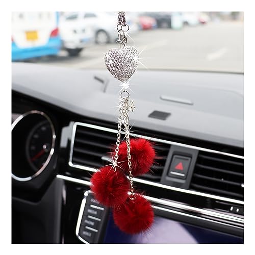 Ziciner Bling Diamond Heart Car Interior Accessories, Car Mirror Hanging Ornament for Women, Love Heart & Pink Plush Ball Decor Ornament Pendant (Wine Red) - color: Wine Red