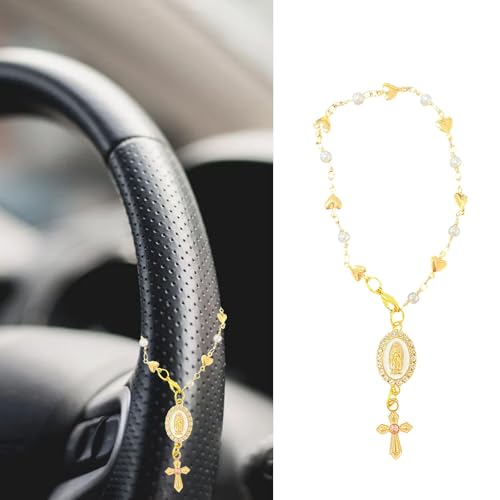 Steering Wheel Rosary Charm Accessory, Cross for Car, Car Rosary for Automotive Protection Charm Decor, Car Rosary for Rearview Mirror, Religious Catholic Gift - color: B