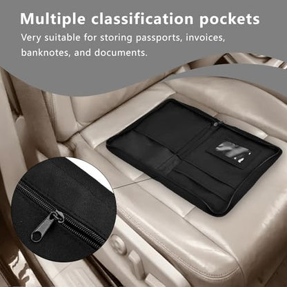 Car Glove Box Organizer, Registration Insurance Document Holder and Owners Manual Pouch with Flexible Secure Zippered Case Greeting Card for Vehicle Truck (Black)