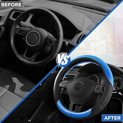 Road Comforts Steering Wheel Cover – Breathable Leather Steering Wheel Cover, Anti-Slip Grip, Universal Fit 14.5” to 15”, Heat & Cold Resistant for Cars, SUVs, and Trucks – Black & Metallic Blue - color: Black&Metallic Blue