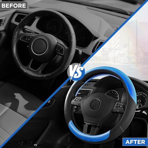 Road Comforts Steering Wheel Cover – Breathable Leather Steering Wheel Cover, Anti-Slip Grip, Universal Fit 14.5” to 15”, Heat & Cold Resistant for Cars, SUVs, and Trucks – Black & Metallic Blue - color: Black&Metallic Blue