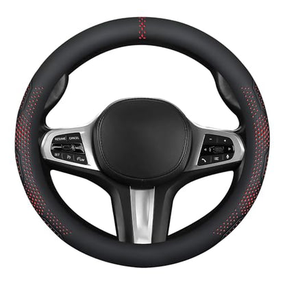 Car Leather Steering Wheel Cover - Panapi Material, Universal 14.5-15 Inch Leather Anti-Slip Breathable Auto Steering Wheel Covers for Men Women (Wave Point-Red) - color: Wave Point-Red