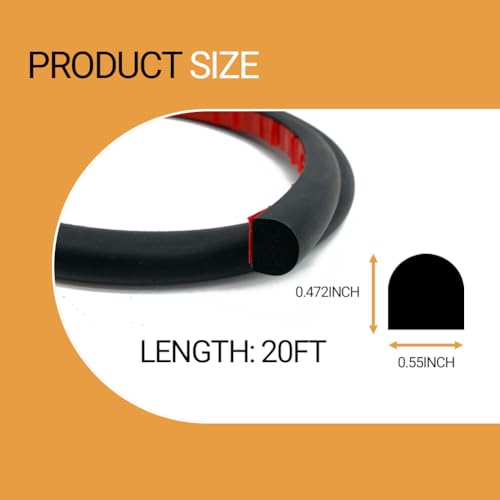 D Shape Weather Stripping, Self-Adhesive Rubber Seal Strip, Rubber Gasket for for RV, Auto, Boat, Garage Door/Window, Machinery and More, W:0.55" x H:0.472", L:20Ft