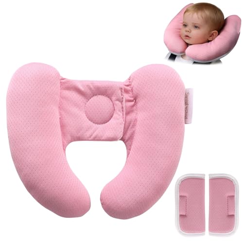 Baby Neck Pillow for Car Seat and Stroller, Adjustable Baby Head Support Pillow for Travel, Soft and Cushiony Torticollis Pillows for Infant and Newborn (Pink) - color: Pink