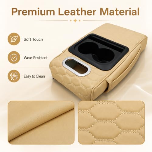 Priprilod Beige Car Center Console Armrest Pillow, Memory Foam with Cup Holder and Cell Phone Holder, Multifunctional Car Center Console Organizer, Universal Fit for Most Vehicles - color: Beige Tan
