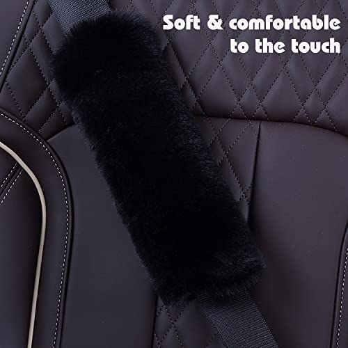 Cute Fluffy Steering Wheel Cover Set for Women, YUNXNYC 1 Set 8 Pieces Fluffy Car Accessories Set Soft Fuzzy Handbrake Cover Gear Shift Cover Fur Seat Belt Shoulder Pads Furry Ball Key Chain (Black) - color: Black