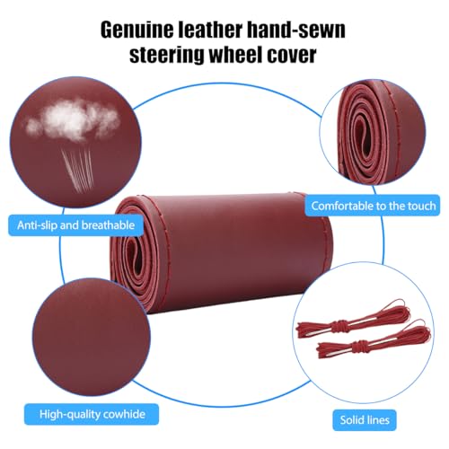 Genuine Leather Car Steering Wheel Cover, Sewing Stitch on Wrap Auto Wheel Cover with Needle Thread, Breathable Anti-Slip Vehicle Steering Stitching Protector, Universal Fit (Wine Red/Glossy) - color: Wine Red/Glossy