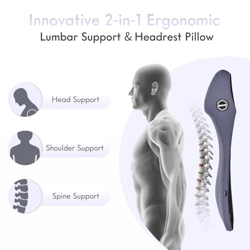 Integrated Car Seat Lumbar Support Pillow & Car Neck Pillow Memory Foam Back Cushion for Driving Car Seat Back Support Pillow for Car Seats Driver Back Neck Sciatica Pain Relief Cushion, Blue - color: Blue, size: 2-in-1 Lumbar&headrest Pillow