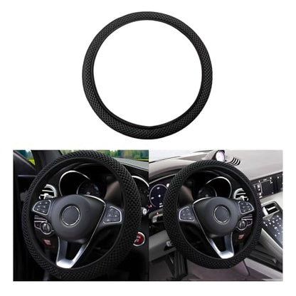 Elastic Stretch Car Steering Wheel Cover, Comfortable Steering Wheel Cover Universal for 14.5-15 Inch, Warm in Winter & Cool in Summer, Anti-Slip Breathable Ice Silk (Black) - color: Black