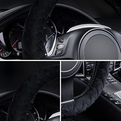 Flying Banner car Steering Wheel Cover Soft Velvet Warm Universal Size 15 inches SUV Truck Anti Slip Odorless Summer Winter (Black, Velvet Massage) - color: Black