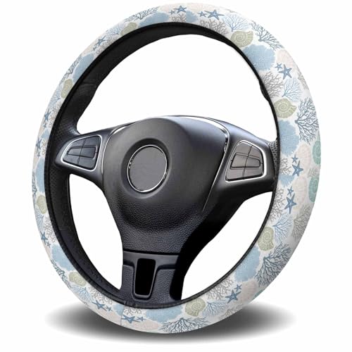 Steering Wheel Covers Nautical Coastal Ocean Coral Universal Steering Wheel Covers Beach Themed Blue Teal Automotive Steering Wheel Grip Wrap Car Accessories Protective Case Cover for Suv, Truck