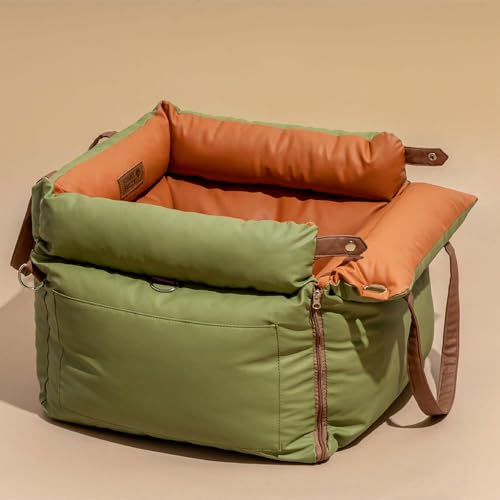 FUNNYFUZZY Luxury Dog Car Seat for Small Medium Dogs Under 35 lbs, Waterproof Leather Pet Booster Seat with Safety Leash & Anti-Slip Base, Fully Padded Dog Car Bed, Portable Puppy Carrier(Green)