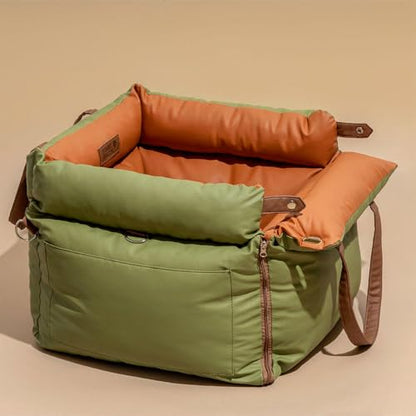 FUNNYFUZZY Luxury Dog Car Seat for Small Medium Dogs Under 35 lbs, Waterproof Leather Pet Booster Seat with Safety Leash & Anti-Slip Base, Fully Padded Dog Car Bed, Portable Puppy Carrier(Green)