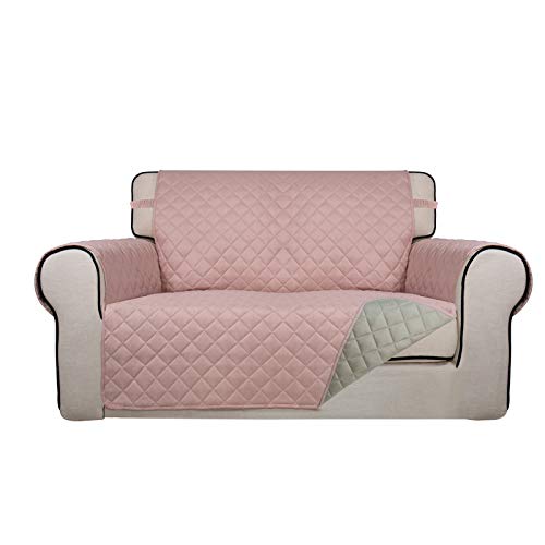 PureFit Reversible Quilted Sofa Cover, Water Resistant Slipcover Furniture Protector, Washable Couch Cover with Non Slip and Elastic Straps for Kids, Dogs, Pets (Loveseat, Pink/Beige) - color: Pink/Beige, size: Medium
