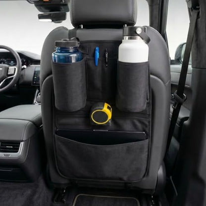Premium Seat Back Organizer & Kick Mat Protector with Large Water Bottle Holders - Cordura Nylon Auto Storage - Laptop Pocket & Sag-Free Adjustable Fit