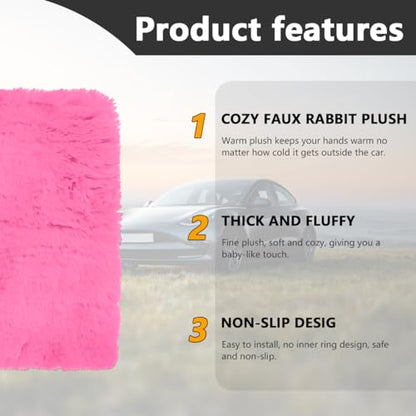 Ohleats 6 PCS Fluffy Steering Wheel Covers Set, 15'' Furry Car Wheel Cover, Soft Gear Shift & Handbrake Cover, Center Console & Seat Belt Shoulder Pads for Women, Car Accessories (Pink) - color: Pink