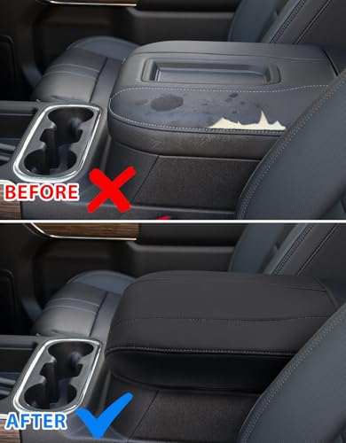 Center Console Cover for Chevy Silverado 1500 Accessories & GMC Sierra 2019-2026, Yukon & Tahoe & Suburban 2021-2026, Bucket Seat Only, Vinyl Armrest Middle Console Cover, Black-Gray Stitch - color: Black with gray stitching