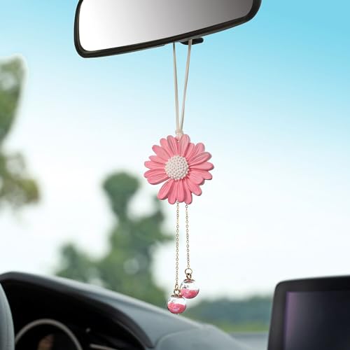Daisy Car Hanging Ornaments for Women Girls Cute Sunflower Car Rear View Mirror Hanging Charms Automotive Interior Aesthetic Decoration Accessories Gift (Pink) - color: Pink