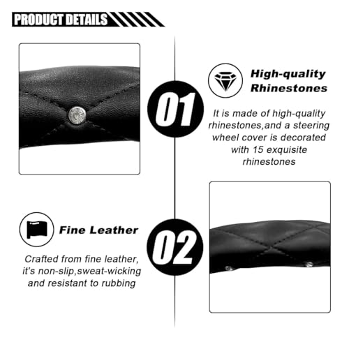 Diamond Soft Leather Bling Steering Wheel Cover, Universal Car Steering Wheel Protector with Crystal Rhinestones, 15 Inch Anti-Slip Interior Accessories for Women, Trucks, SUVs (Black)