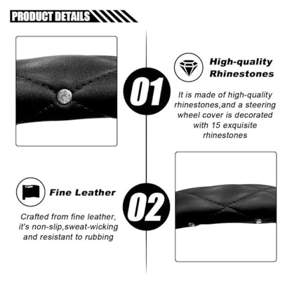 Diamond Soft Leather Bling Steering Wheel Cover, Universal Car Steering Wheel Protector with Crystal Rhinestones, 15 Inch Anti-Slip Interior Accessories for Women, Trucks, SUVs (Black)