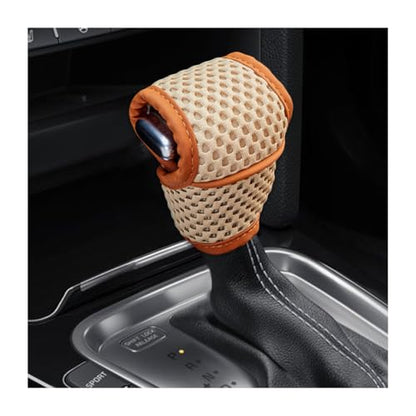 Car Gear Shift Knob Cover, Dust-Proof Soft Breathable Vehicle Manual Stick Handle Shifting Knob Protector, Automotive Interior Shift Lever Decoration, Universal Fit (Beige/Brown line)