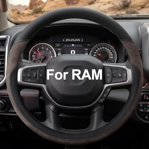 Customized Auto Car Steering Wheel Cover for Dodge RAM 1500 2500 3500, 15.5-16 inch (Brown - Large Size)