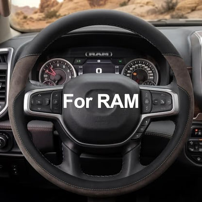 Customized Auto Car Steering Wheel Cover for Dodge RAM 1500 2500 3500, 15.5-16 inch (Brown - Large Size)