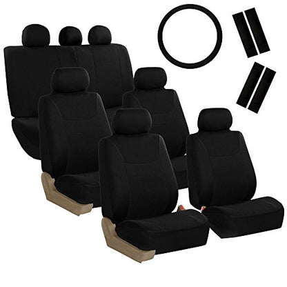 FH Group Light & Breezy Flat Cloth Cars Seat Covers Combo Steering Wheel Cover & Seat Belt Pads, Airbag and Split Rear Universal Fit Interior Accessories Cars Trucks SUV 7 Seater Three Row Set Black - color: Black