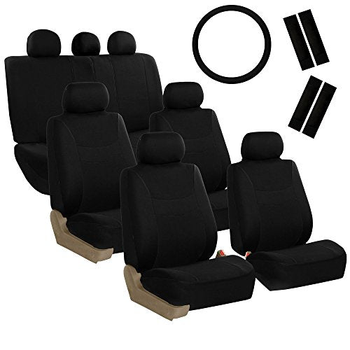 FH Group Light & Breezy Flat Cloth Cars Seat Covers Combo Steering Wheel Cover & Seat Belt Pads, Airbag and Split Rear Universal Fit Interior Accessories Cars Trucks SUV 7 Seater Three Row Set Black - color: Black