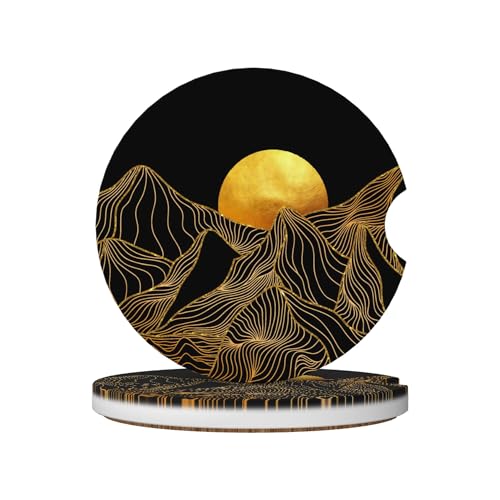 Golden Mountain Sun Car Cup Holder Coasters 2 Pack Universal 2.63 Inch Anti Slip Ceramic Absorbent Coaster with Cork Base and Finger Notch Cute Car Accessories Interior for Women - color: Gold