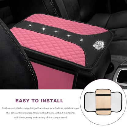Bling Crown Car Center Console Cover, Crystal Leather Auto Armrest Box Cushion with 2 Storage Bags, Universal Crown Middle Console Cover Arm Rest Protector for Most Vehicles (Pink) - color: Pink