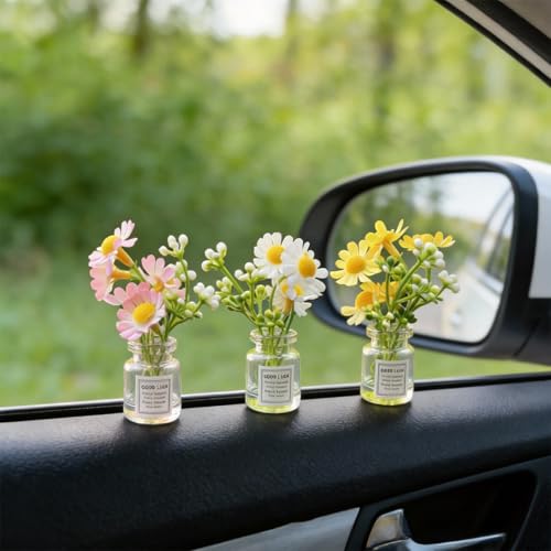 3-Pack Daisy Flower Car Decor, Cute Dashboard Mini Vase Set, for Rearview Mirror Cup Holder Desk Home Interior