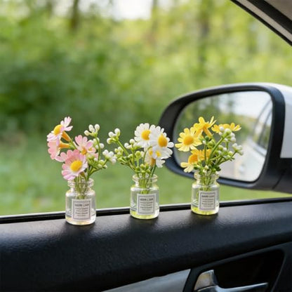 3-Pack Daisy Flower Car Decor, Cute Dashboard Mini Vase Set, for Rearview Mirror Cup Holder Desk Home Interior