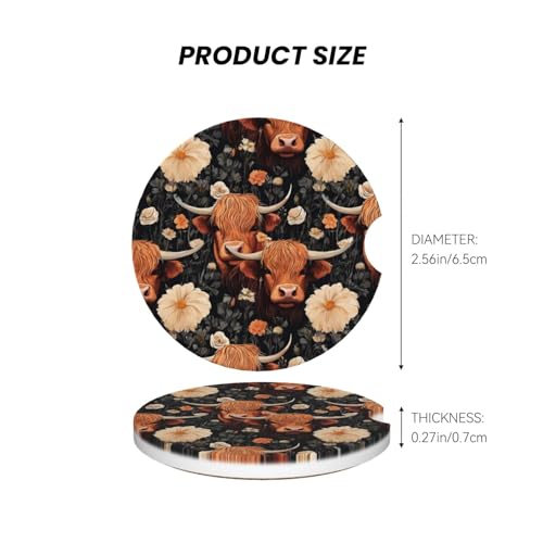 Yak Highland Cow Flower Absorbent Ceramic Car Coasters for Cup Holders, 2.56" Anti Slip Insert Cup Coasters for Women Men (2 PCS) - color: Yak Highland Cow Flower