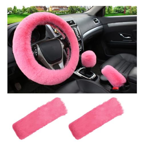 5 PCS Fluffy Steering Wheel Covers Set, Faux Wool Steering Wheel Cover & Handbrake Cover & Gear Shift Cover & 2 Seat Belt Shoulder Pads, Universal Car Accessories (Pink) - color: Pink