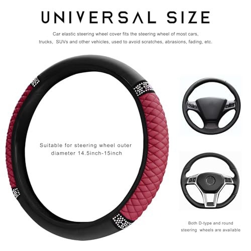 Bling Car Steering Wheel Cover, 15 Inch Sparkly Rhinestone Soft Leather Steering Wheel Protector, Non-Slip Universal Auto Elastic Steering Wheel Covers for Women Girls (Wine Red) - color: Wine Red