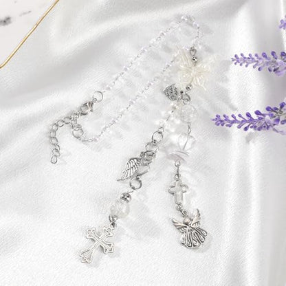 Angel Cross Rear View Mirror Charm - Crystal Angel Wing Pendant Hanging Chain, Religious Cross Car Suncatcher Ornament, Spiritual Car Interior Decor Gift for Women - style: Angel Cross
