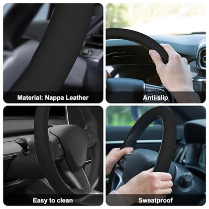 Nappa Leather Steering Wheel Cover,Universal Fit 15 Inch-Premium Non-Slip Breathable Comfort Grip for Cars Trucks SUVs,Anti-Slip Durable Interior Upgrade Black - color: Black