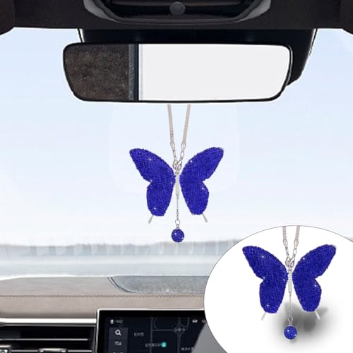 Bling Butterfly Diamond Car Hanging Accessories, Crystal Butterfly Rear View Mirror Luck Car Decoration Accessories for Women, Valentine's Day Presents Ornament Pendant for All Cars (Dark Blue) - size: Dark Blue