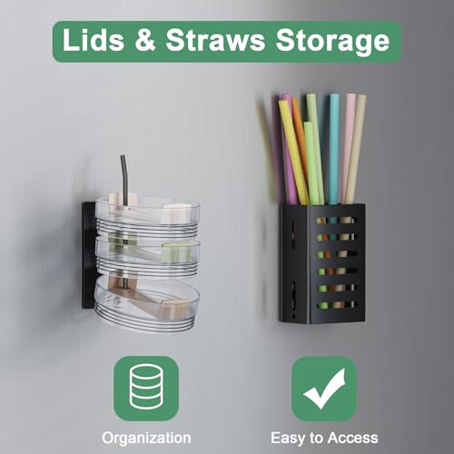 Magnetic Cup Holder for Fridge, Aufworld Tumbler Organizer Fits 20/30/40 oz Stanley Cups, Accessory Storage with Lid & Straw Holder, Space-Saving Storage Rack for Kitchen Fridge (Black-Cup Holder Set)
