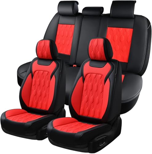 Coverado Car Seat Cover Full Set, Leather Seat Covers for Front and Rear, Waterproof Seat Covers 5 Seats, Luxury Car Seat Protectors Driver Seat Cushions Universal for Most Vehicles, Red - color: Embossed-Red, size: FullSet