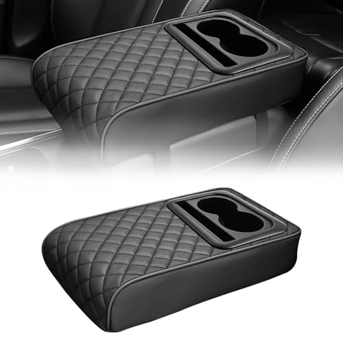 Leather Car Armrest Cup Holder Cushion, Memory Foam Car Arm Rest Cushion with Cup Holder & Phone Storage, Waterproof Ergonomic Armrest Box, 13.78" x 7.78" (Black)
