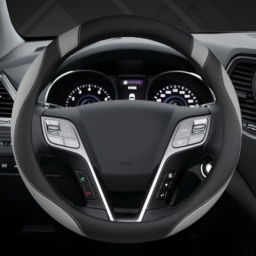 Customized Auto Car Steering Wheel Cover for Hyundai,Tucson,Sonata,Elantra,Santa Fe,Genesis,Sonata Hybrid,Azera,Venue,Kona, 14.5-15 inches(Black+Gray - Standard Size)